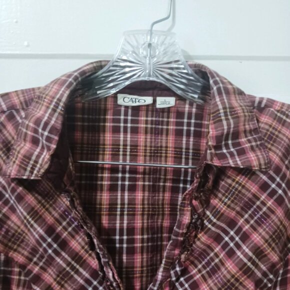 CATO Womans Large V-Neck Ruffle Edge Brown Stripe & Sparkle Blouse - Picture 2 of 6